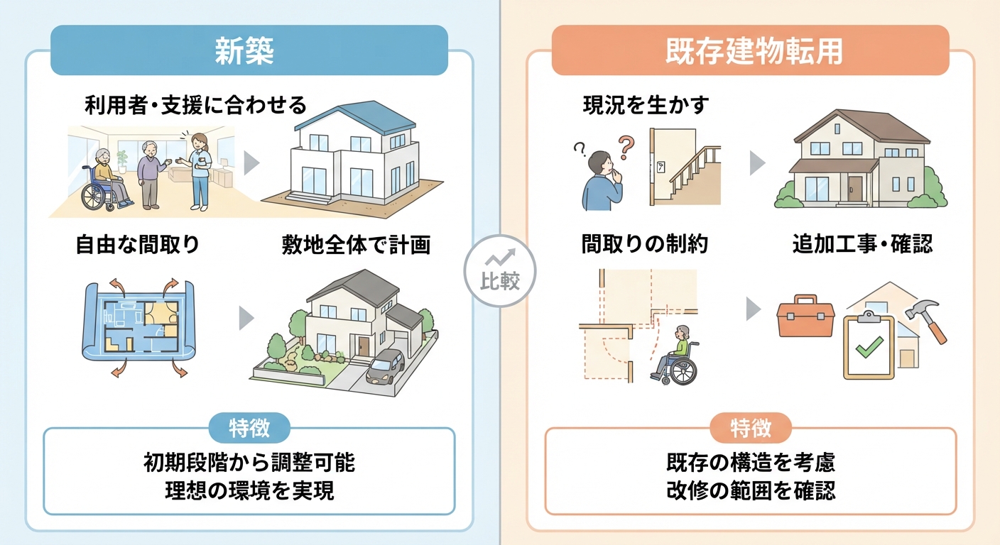 障がい者グループホームの新築と既存建物を検討するイメージ