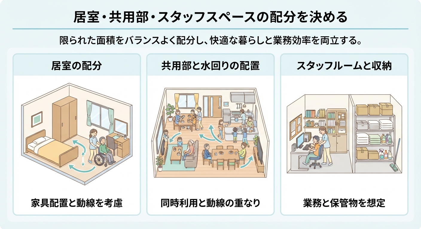 障がい者グループホームの間取りを検討するイメージ