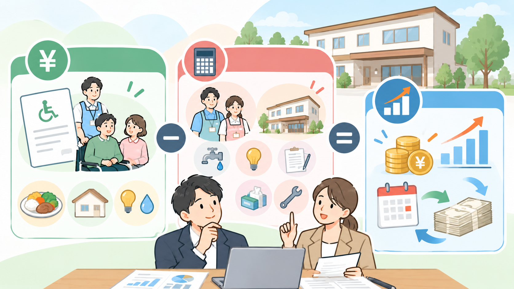 障がい者グループホームの収支構造（収入・支出・利益/キャッシュフロー）を図解したイラスト