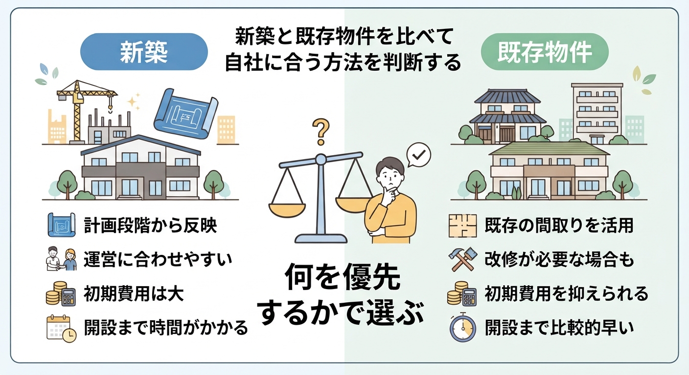 新築と既存物件の比較と自社に合う選び方を示す図解