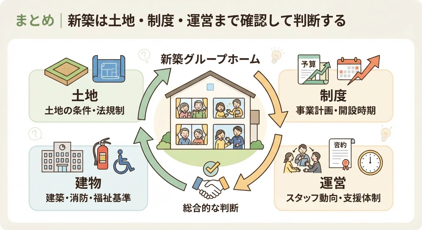 障がい者グループホームの新築計画における、土地・建物・制度・運営の全体像と検討の流れを示した図解