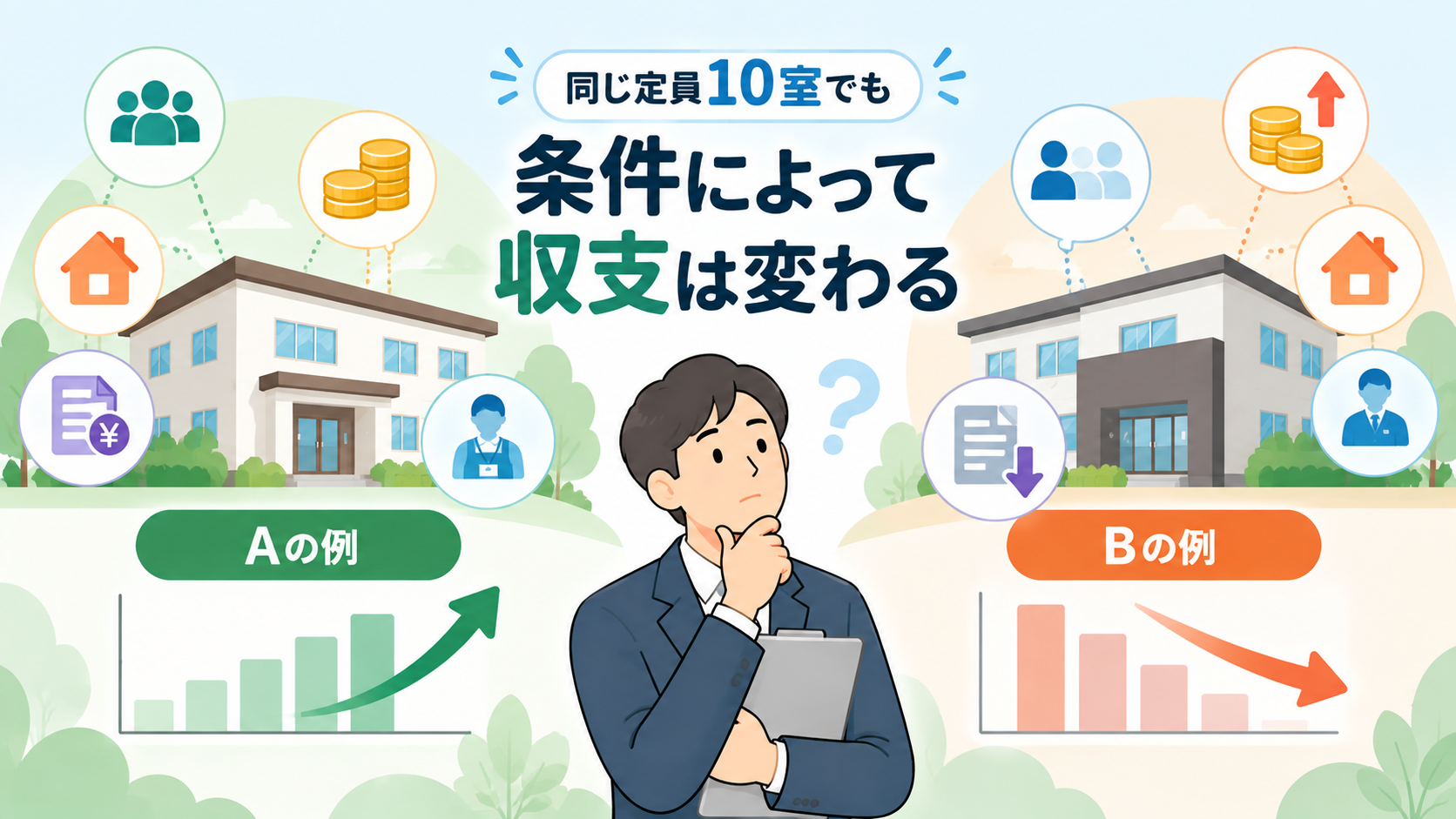 同じ10室のグループホームでも、家賃や人員配置などの条件によって収支が変わることを示した比較図